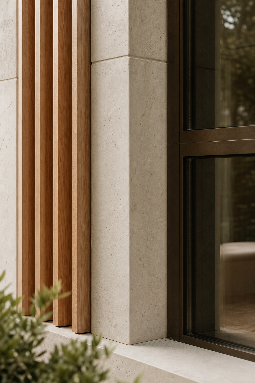 Detail of natural stone cladding and warm oak timber battens on a London residential project