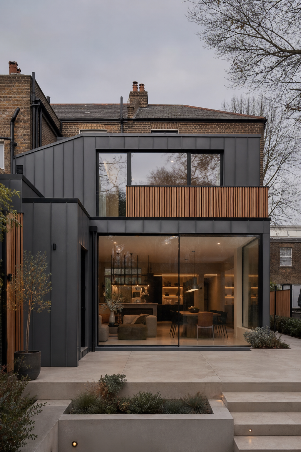 Contemporary dark-clad rear extension to a London terraced house