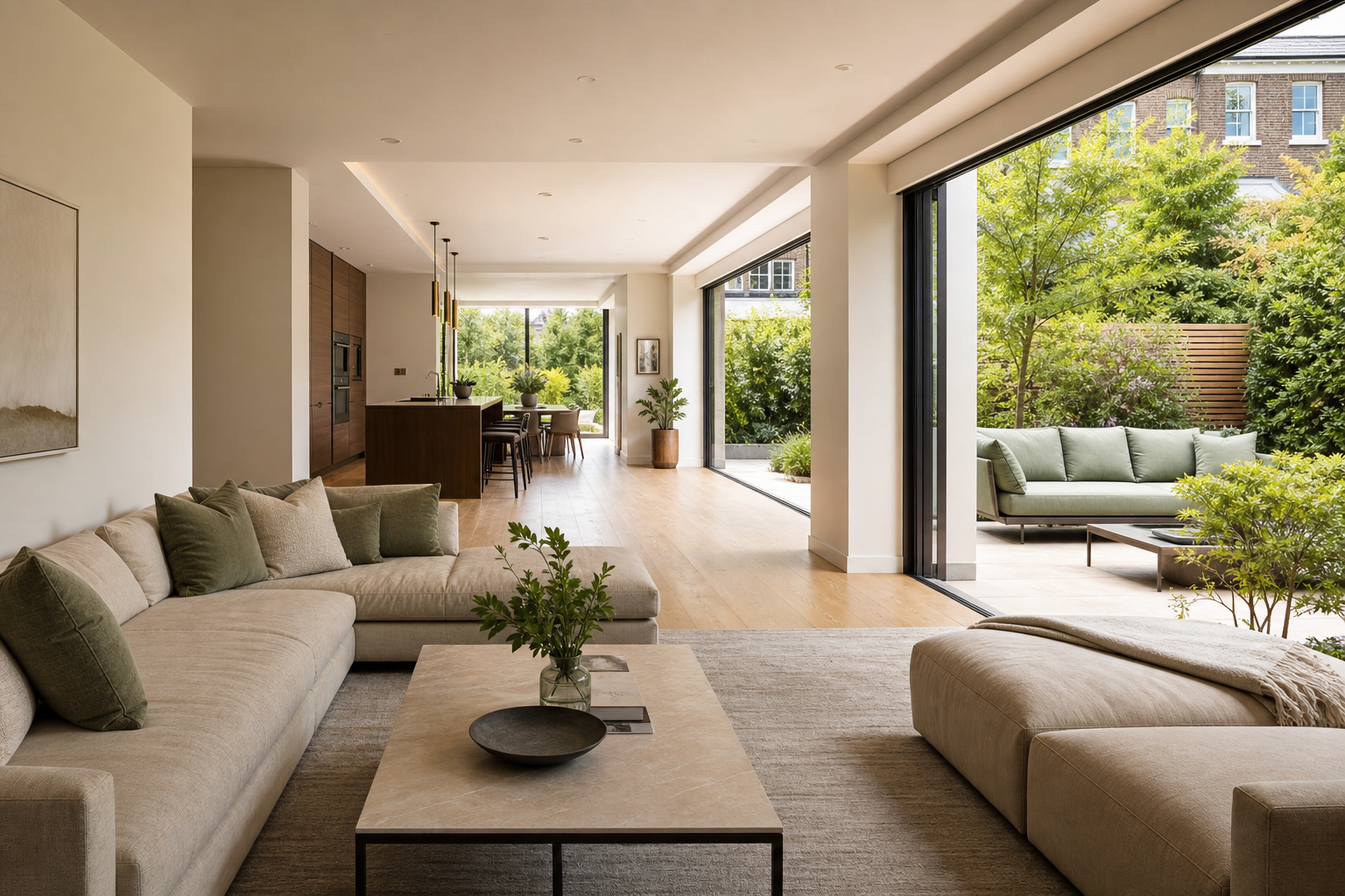 Minimalist open-plan living room interior with garden views
