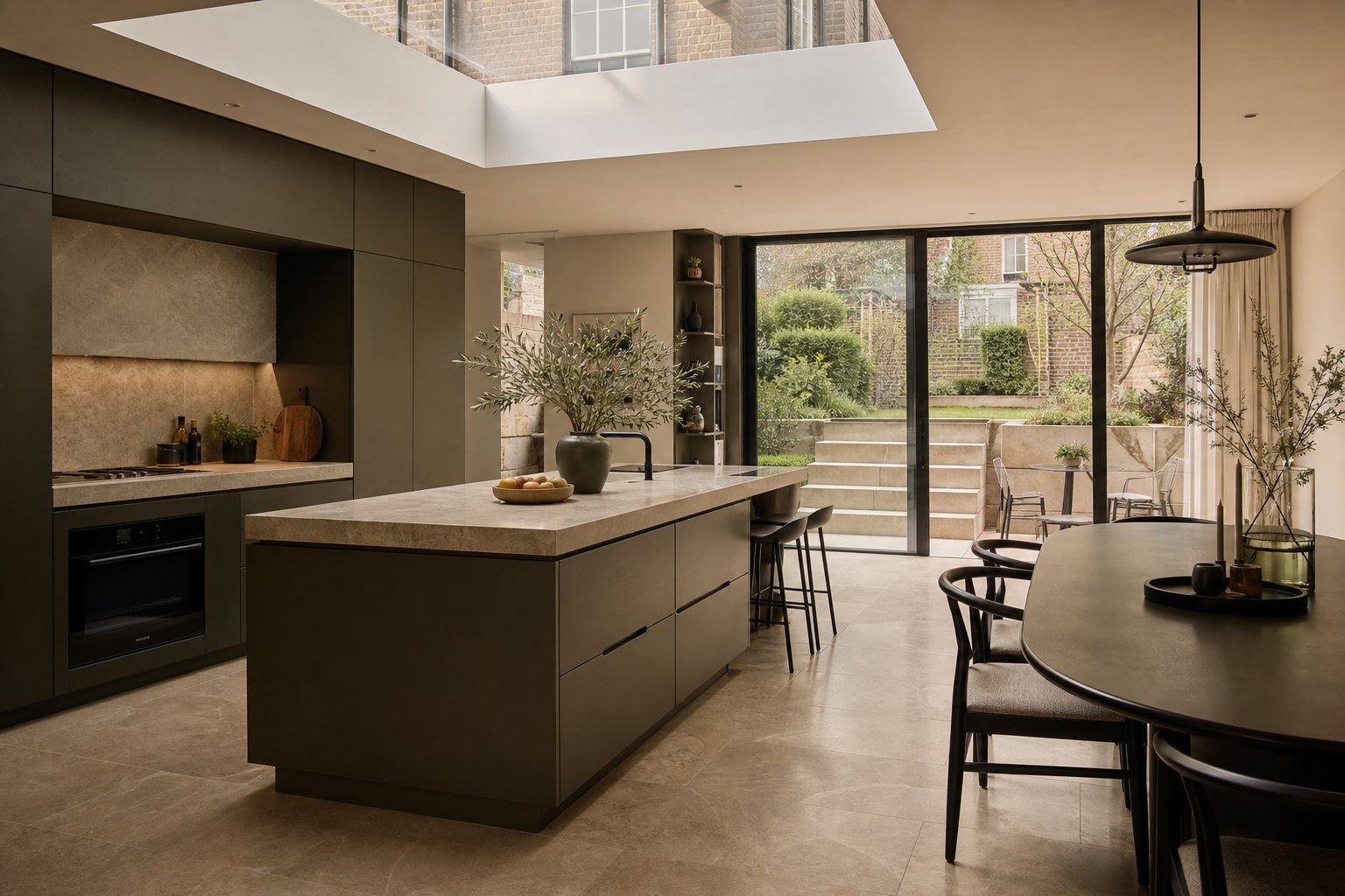 Sleek modern kitchen with stone island and skylight