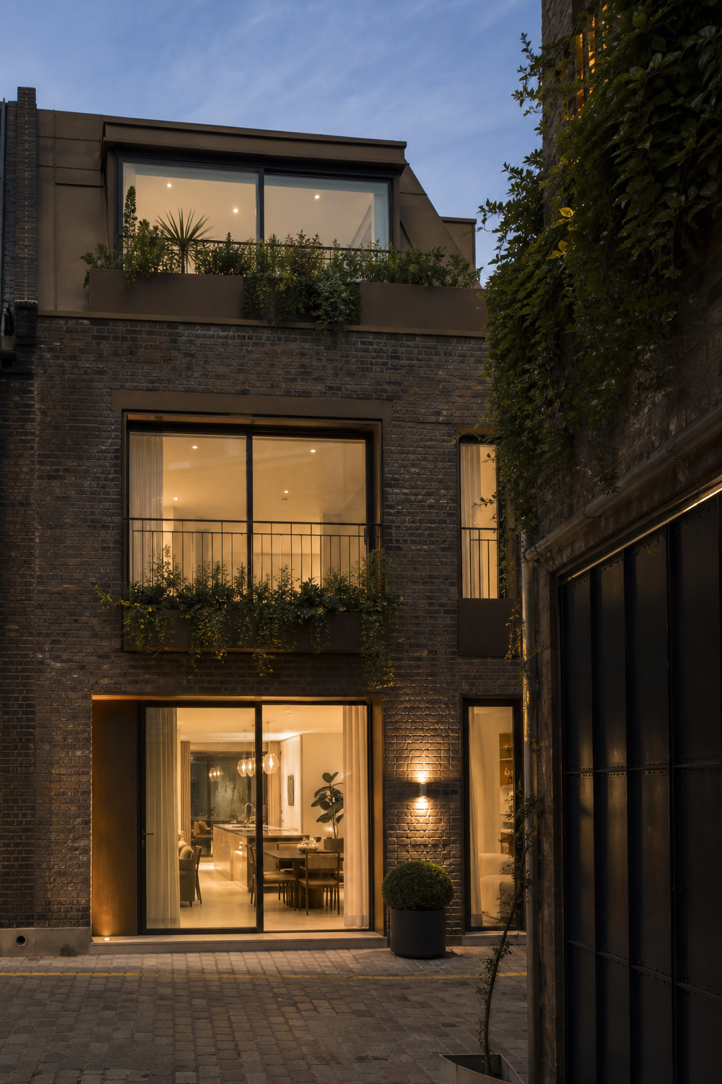Renovated London mews house glowing with warm light at dusk