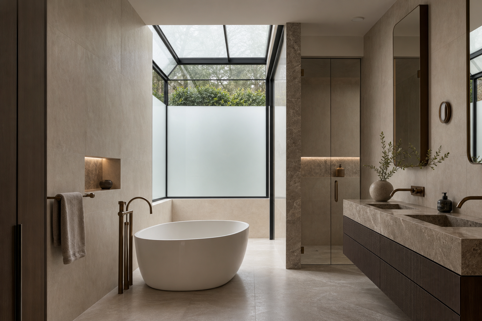 Minimalist luxury bathroom with freestanding bath and natural stone tiling